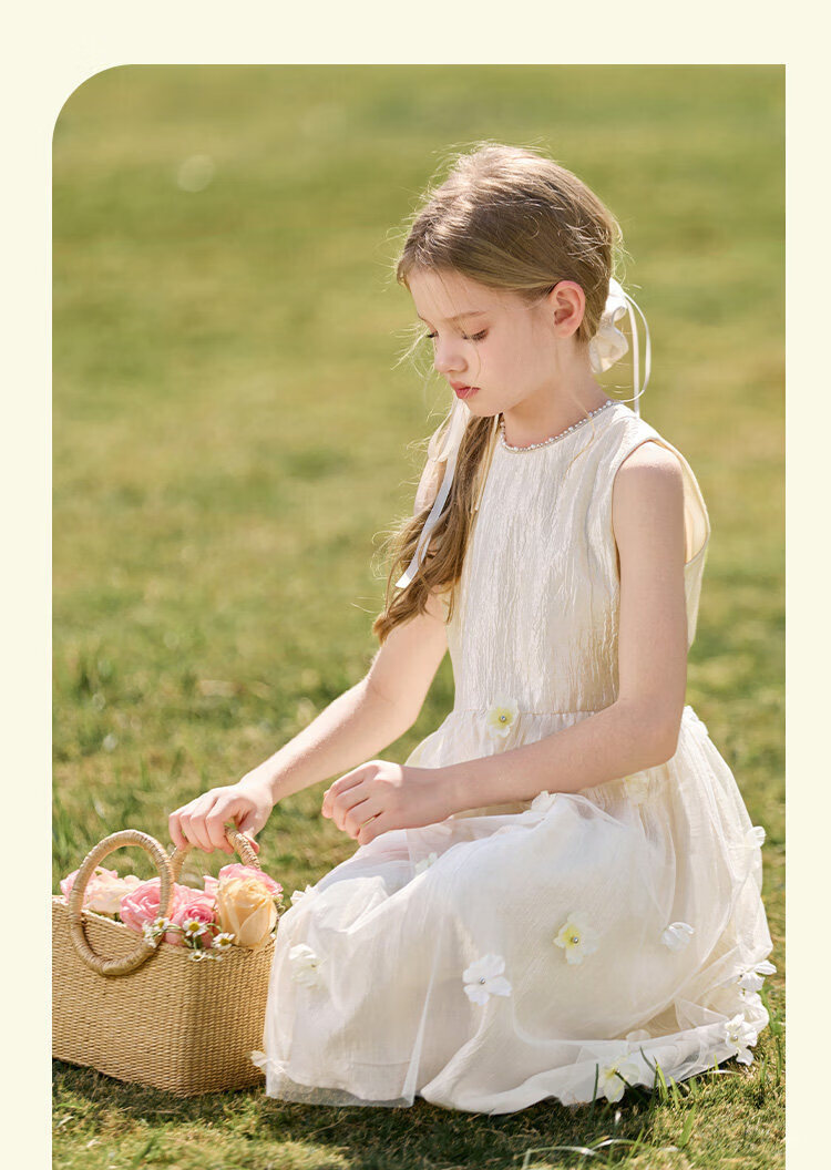 CHANZUIGOU Girls' French High-End Princess Dress 2026 Summer New Stylish Round Neck Floral Satin Dress 20